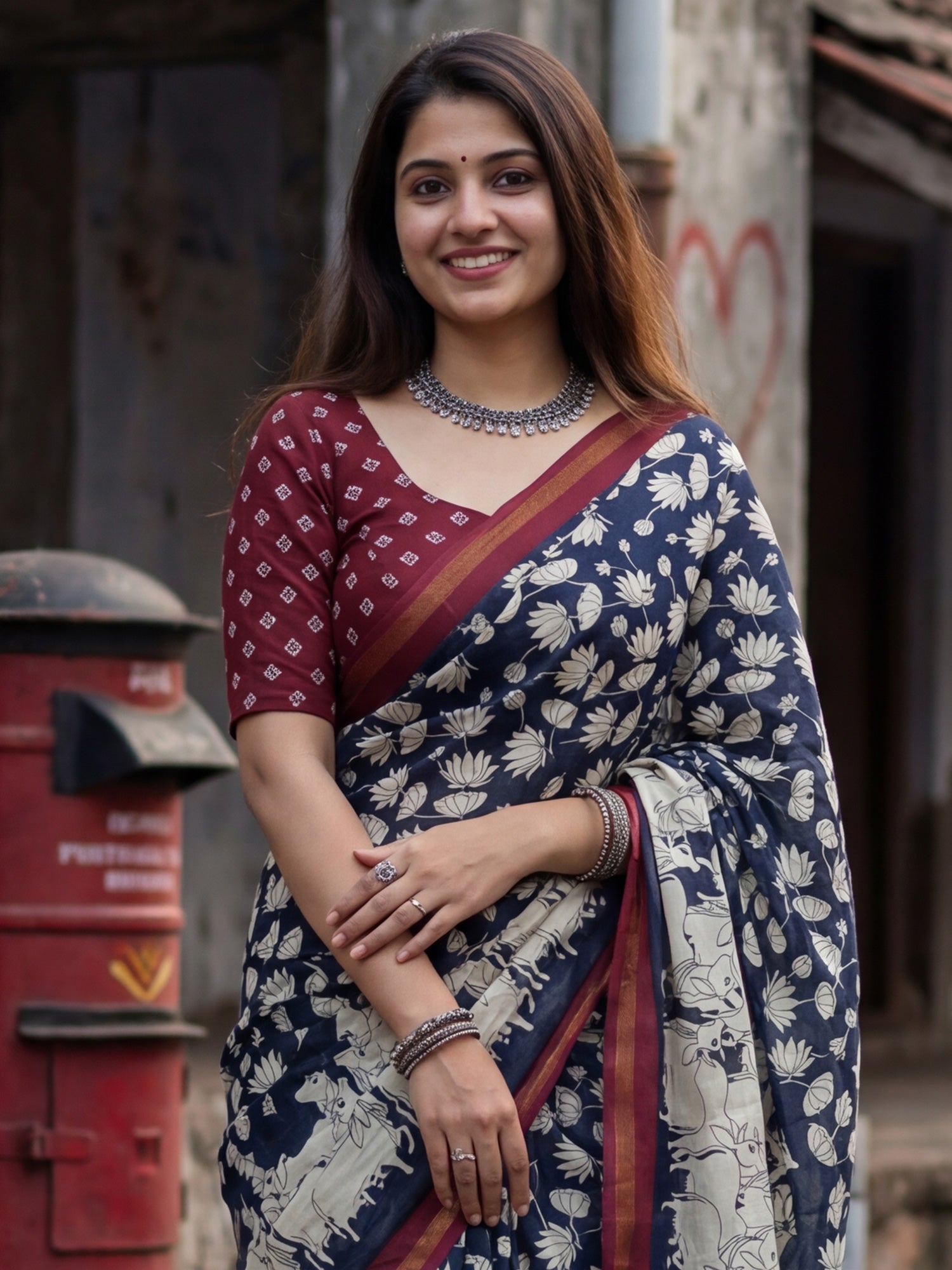 Navy Blue Cotton Blend Saree with Traditional Cow Prints - Ressa