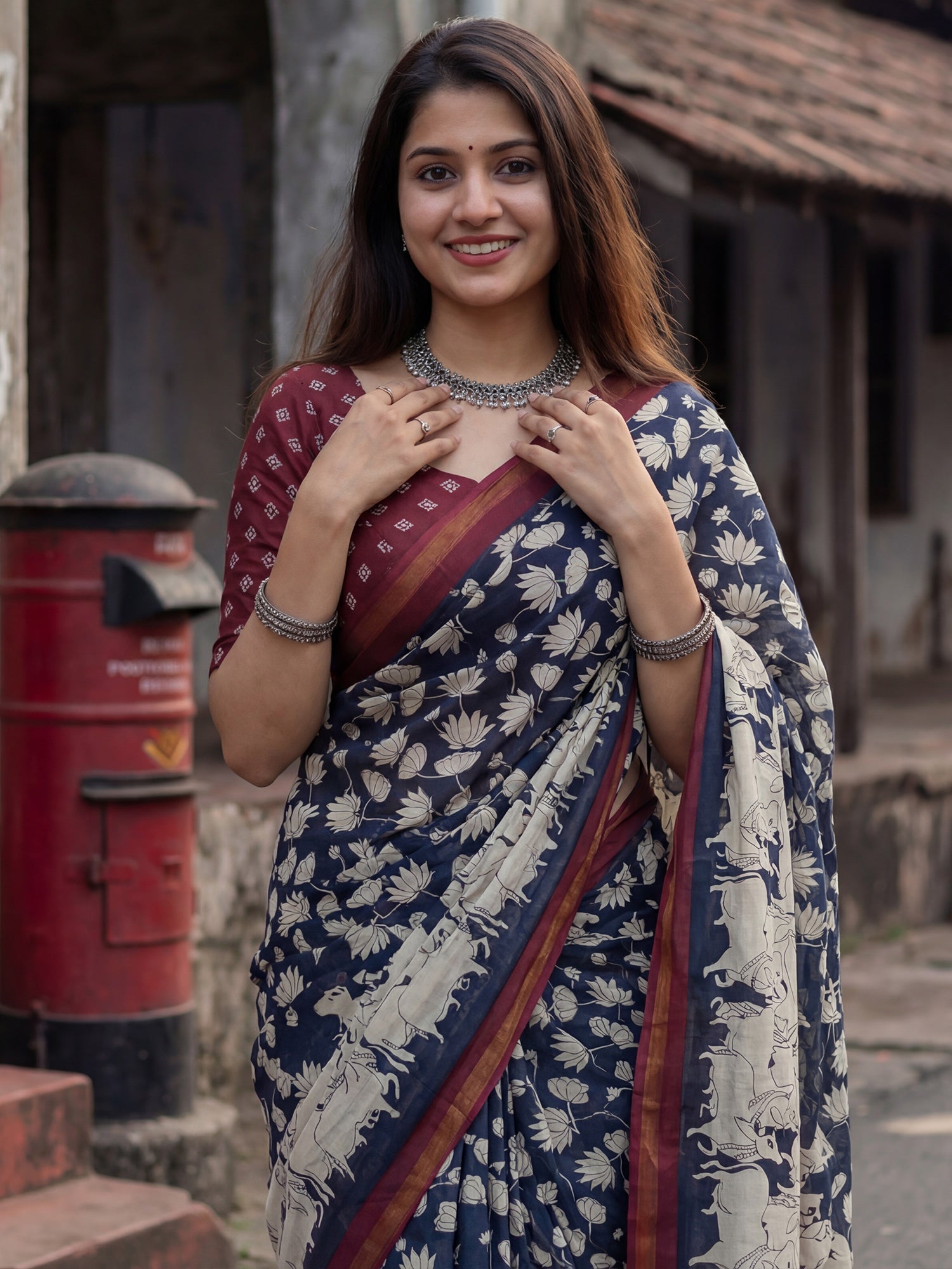 Navy Blue Cotton Blend Saree with Traditional Cow Prints - Ressa