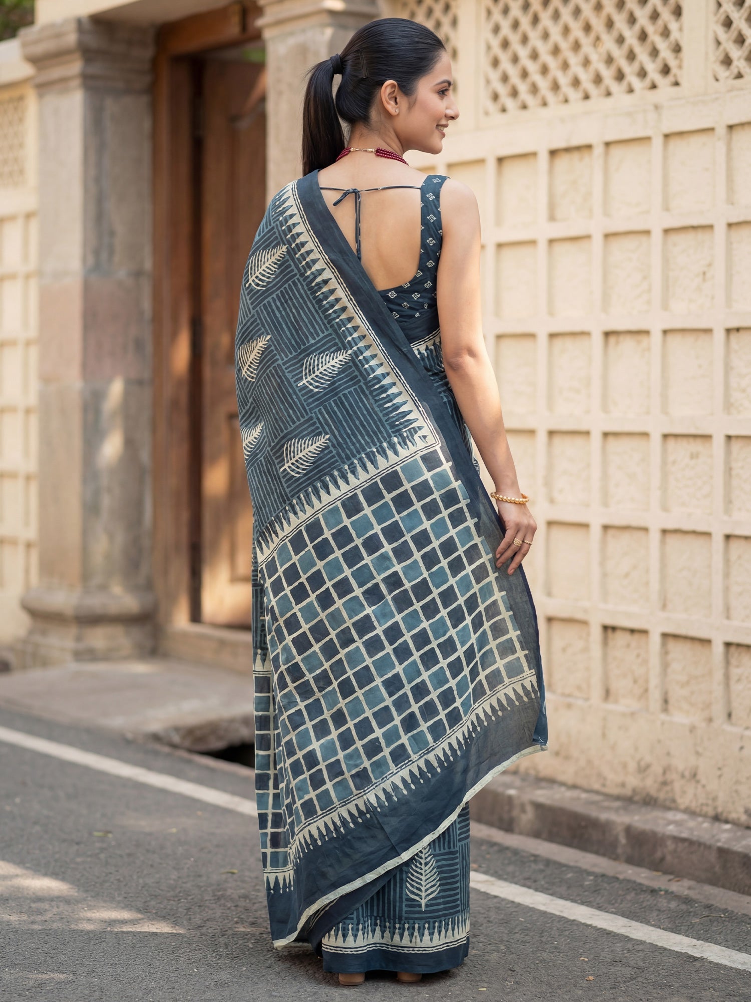 Navy Blue Cotton Printed Saree - Ressa