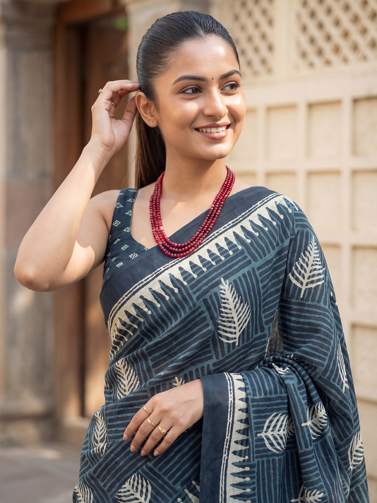 Navy Blue Cotton Printed Saree - Ressa