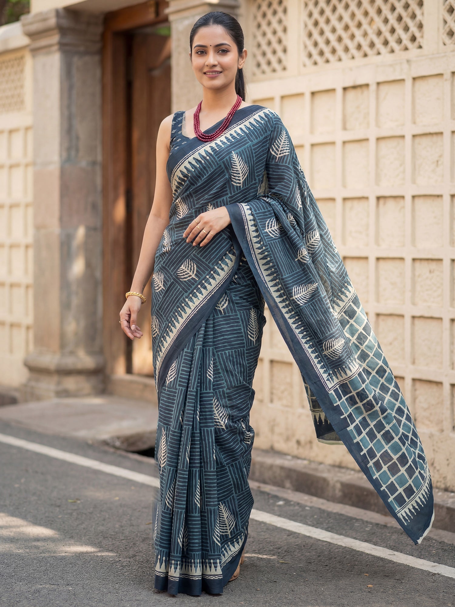 Navy Blue Cotton Printed Saree - Ressa