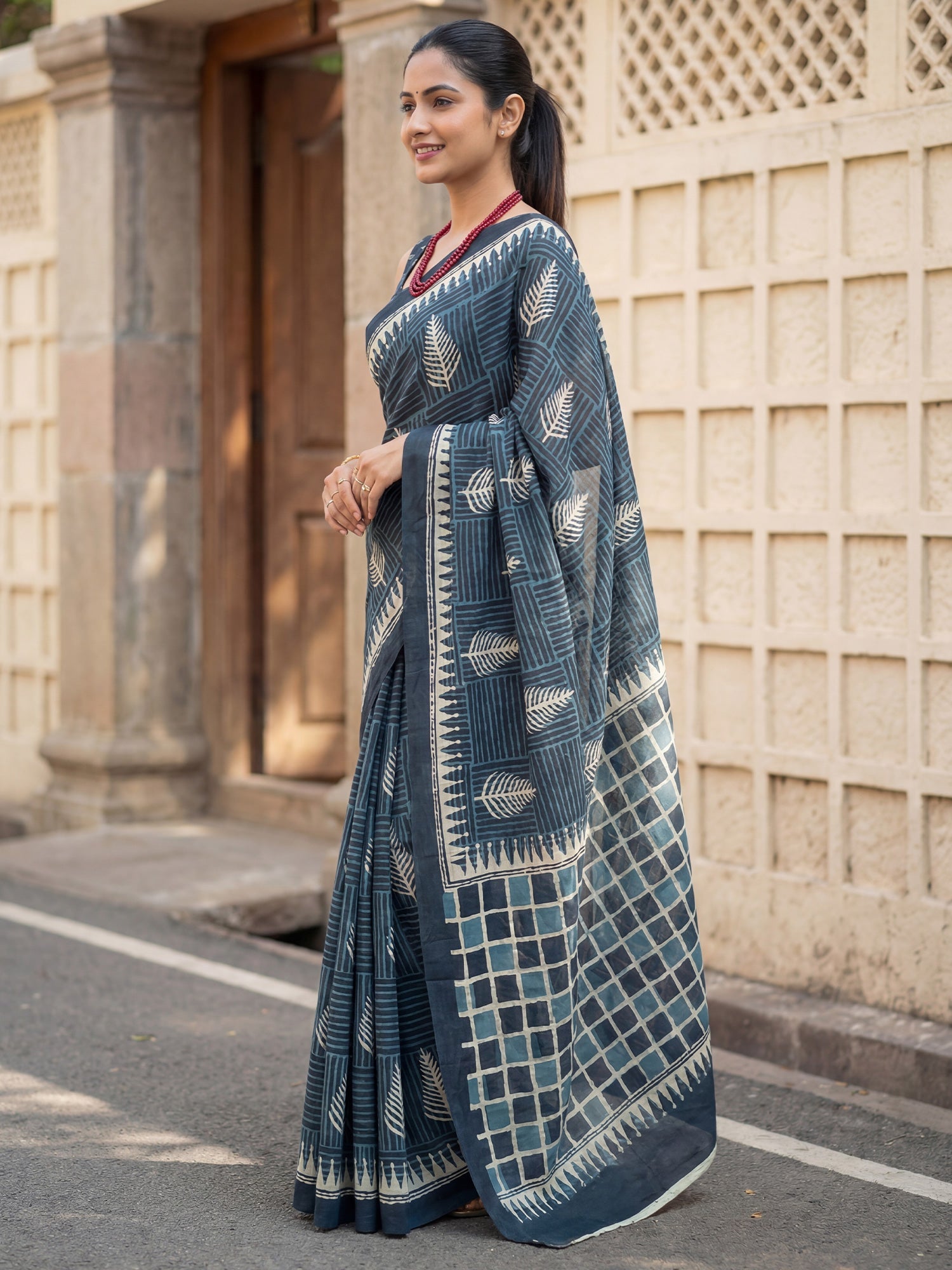 Navy Blue Cotton Printed Saree - Ressa
