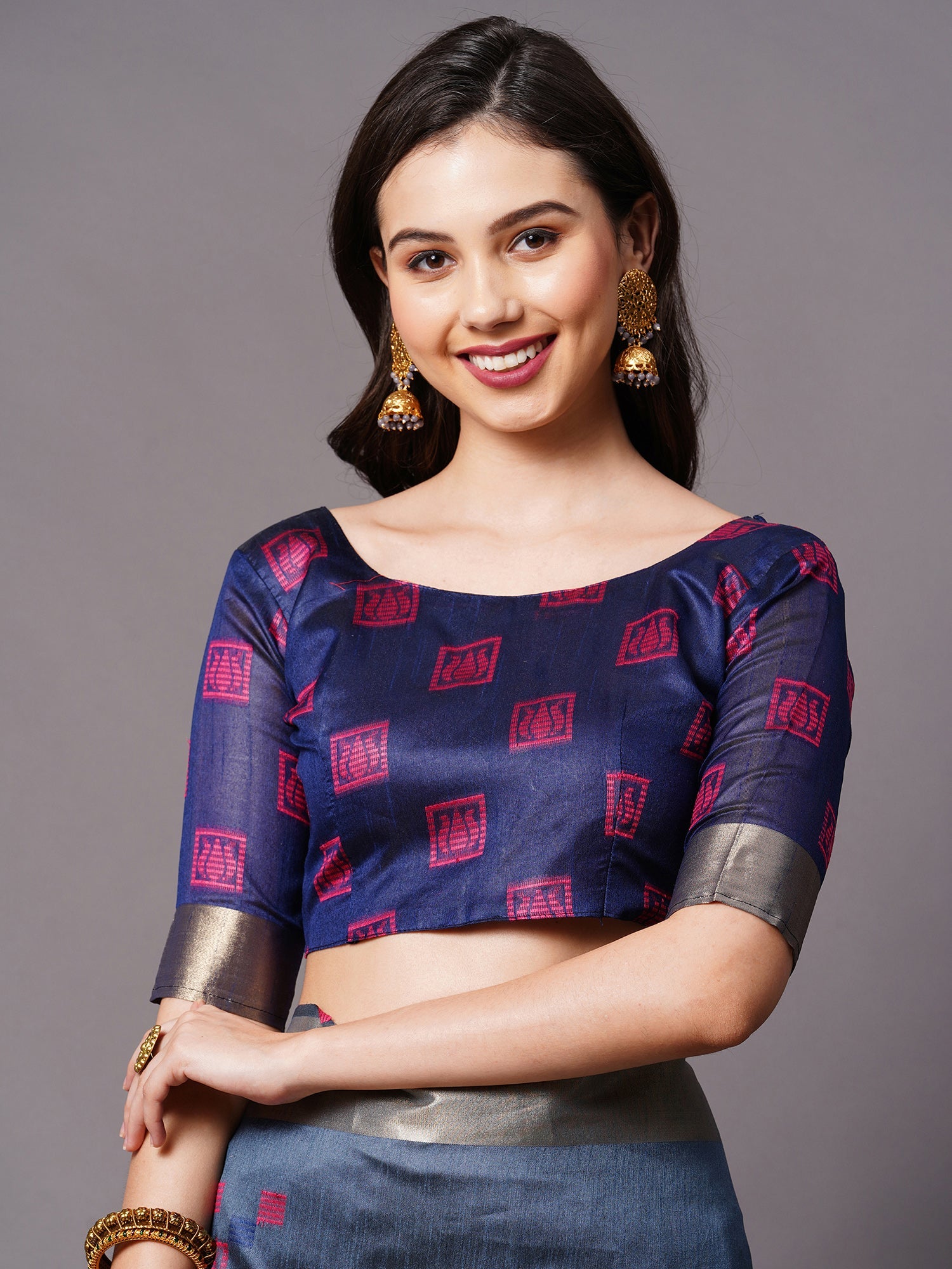 Navy Blue Cotton Silk Saree with Pink Lotus Weave - Ressa