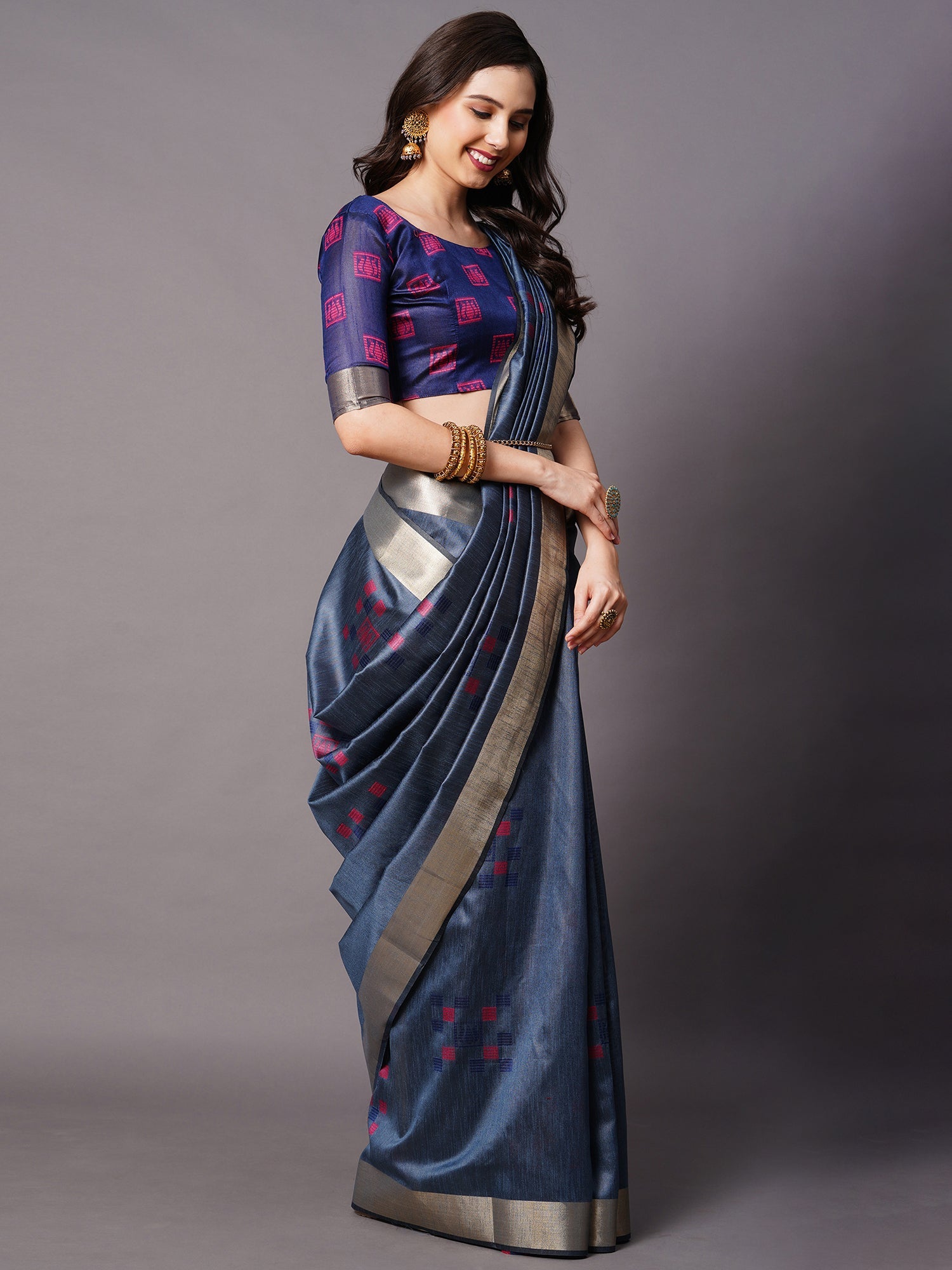 Navy Blue Cotton Silk Saree with Pink Lotus Weave - Ressa