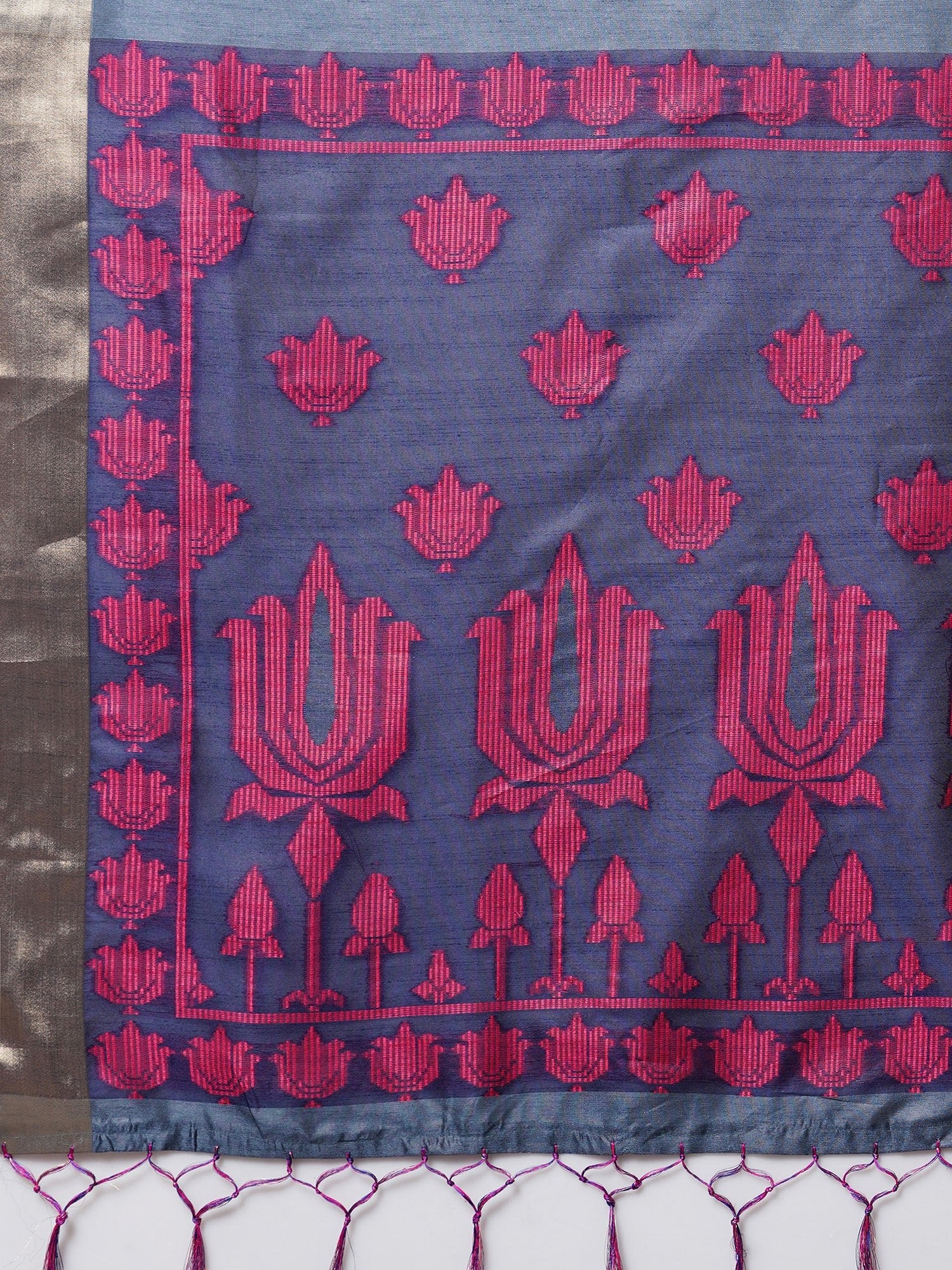 Navy Blue Cotton Silk Saree with Pink Lotus Weave - Ressa