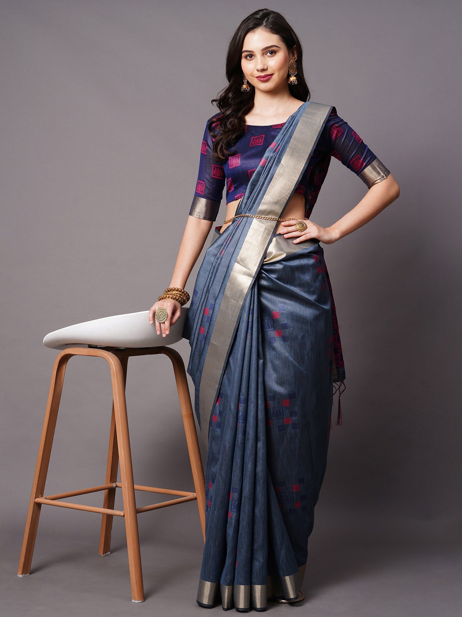 Navy Blue Cotton Silk Saree with Pink Lotus Weave - Ressa