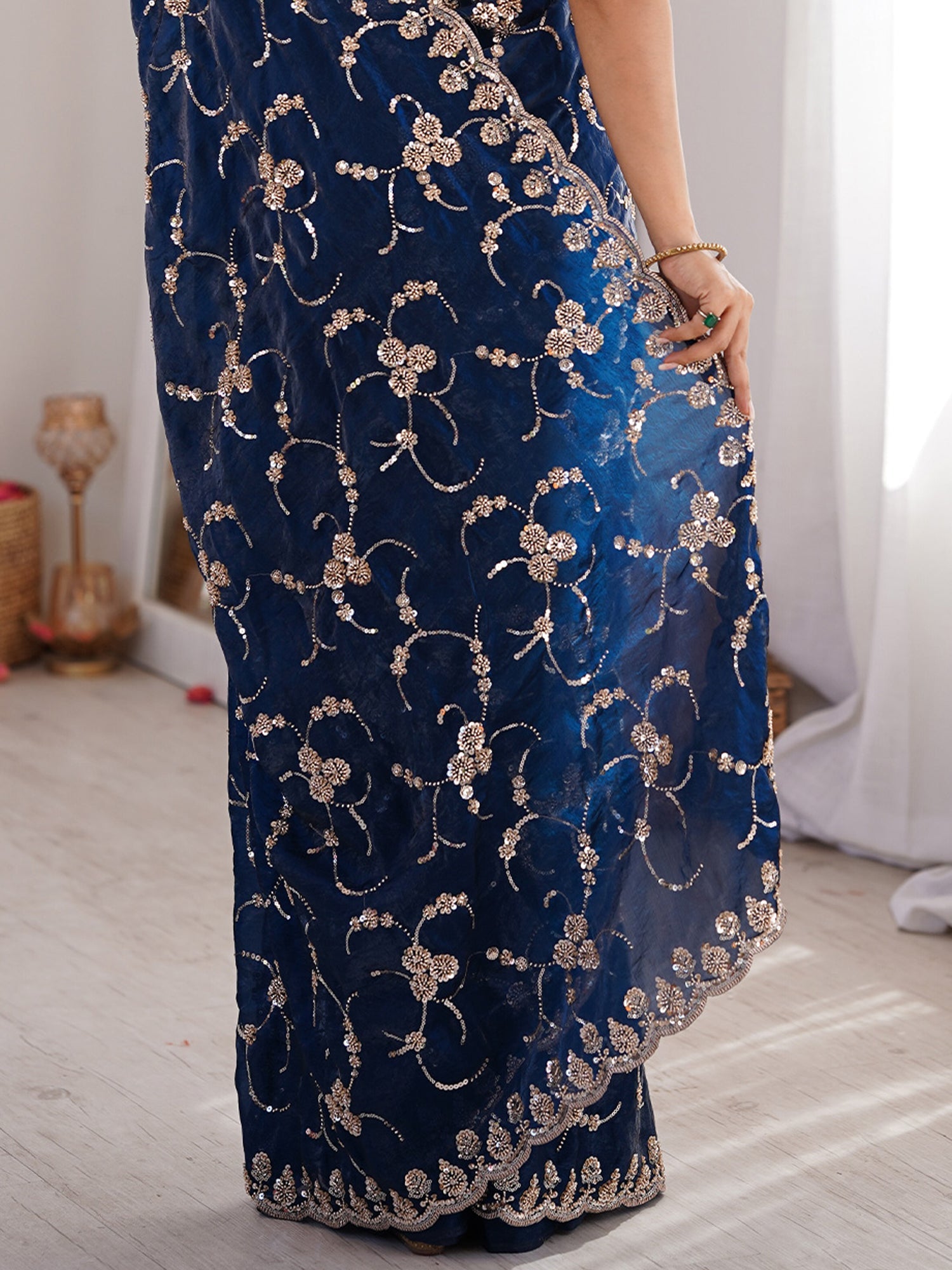 Navy Blue Embroidered Organza Saree with Cutwork Border - Ressa
