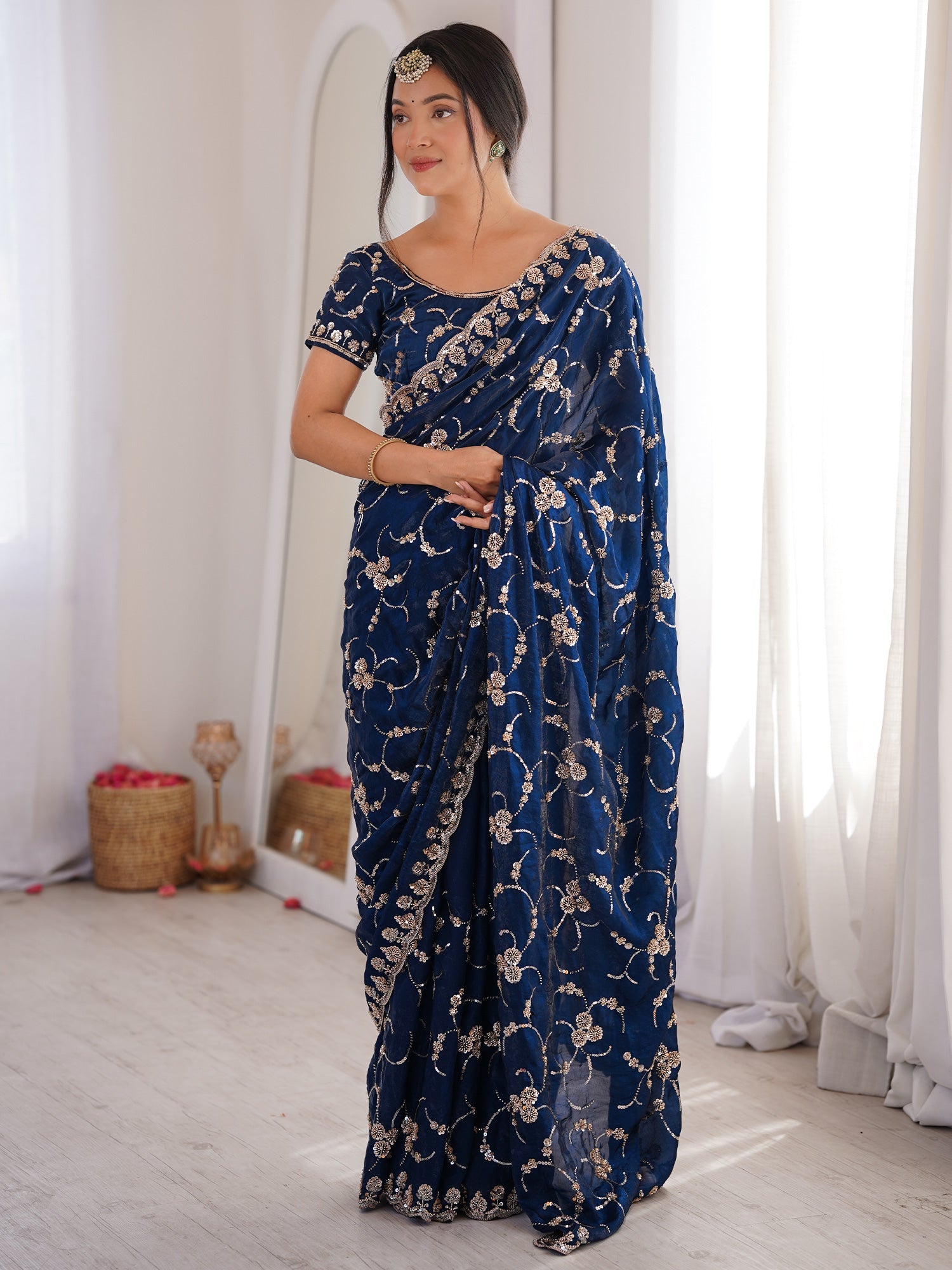 Navy Blue Embroidered Organza Saree with Cutwork Border - Ressa