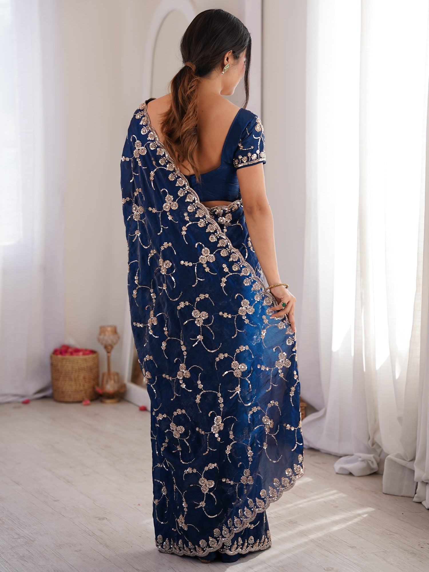 Navy Blue Embroidered Organza Saree with Cutwork Border - Ressa
