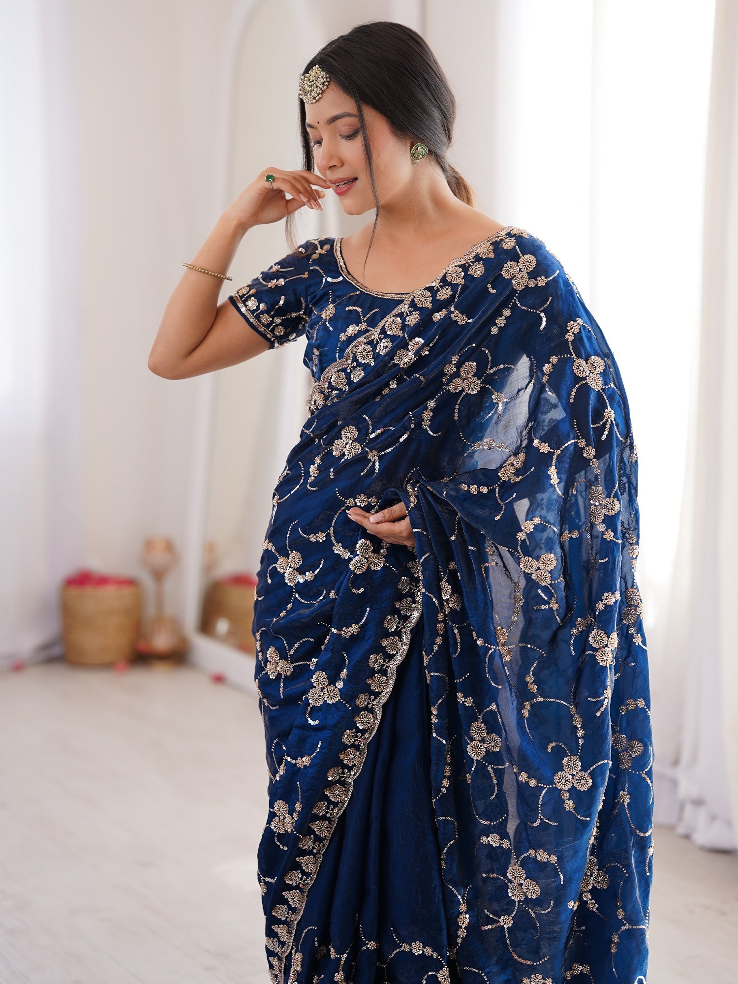 Navy Blue Embroidered Organza Saree with Cutwork Border - Ressa