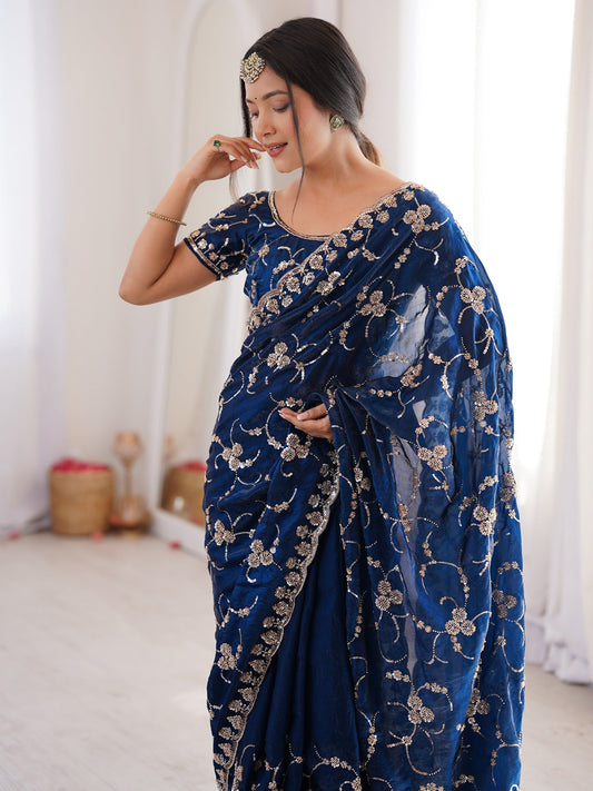 Navy Blue Embroidered Organza Saree with Cutwork Border - Ressa