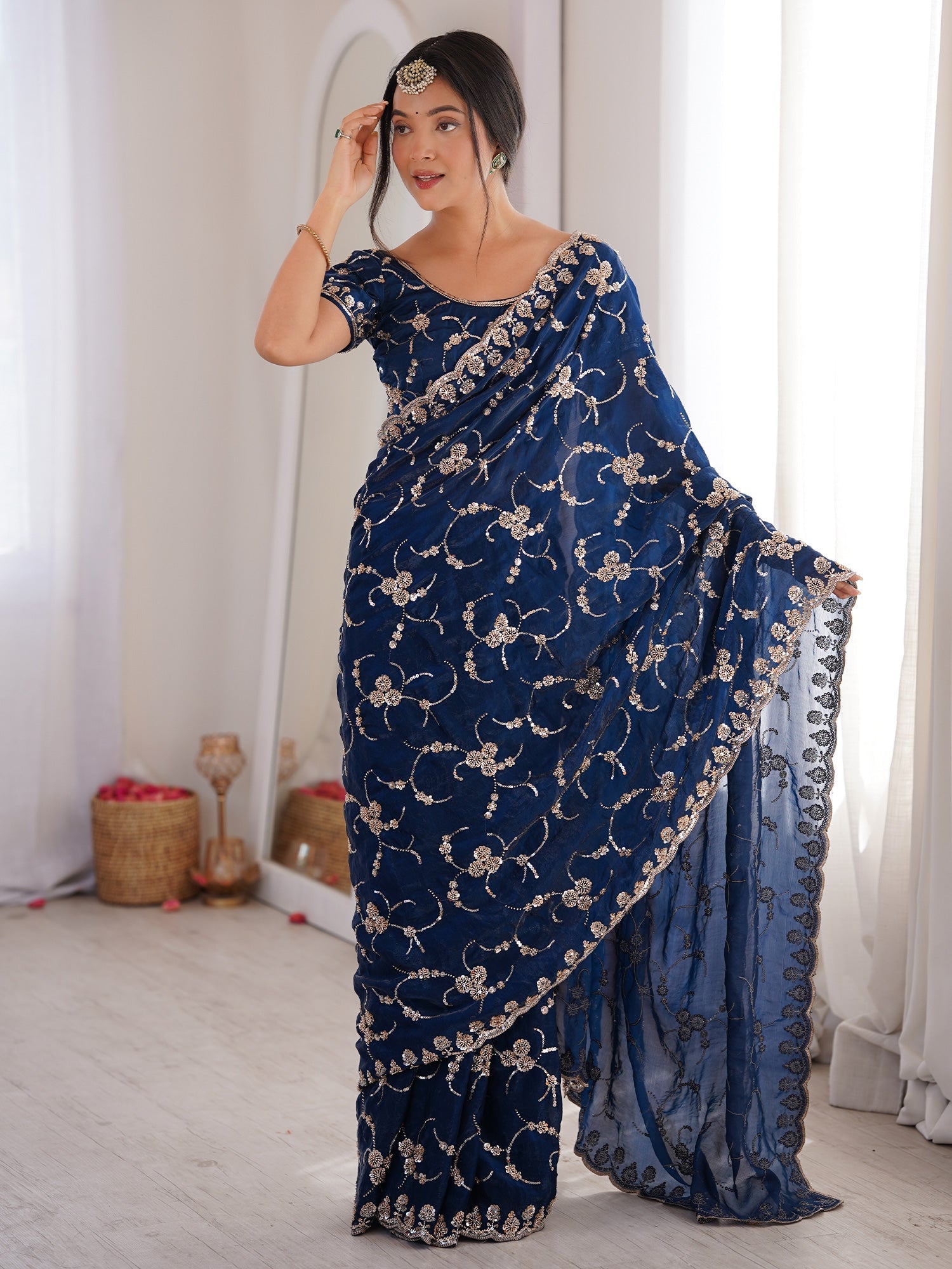 Navy Blue Embroidered Organza Saree with Cutwork Border - Ressa