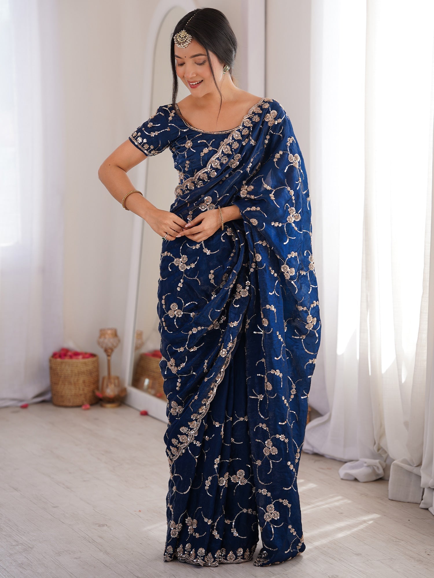 Navy Blue Embroidered Organza Saree with Cutwork Border - Ressa