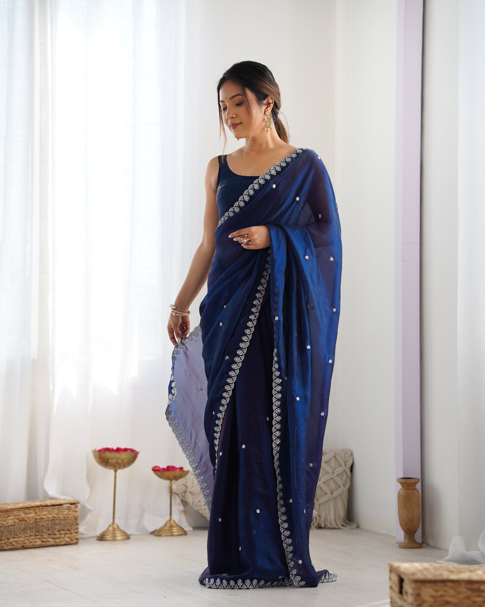 Navy Blue Embroidered Paper Silk Saree - Ressa