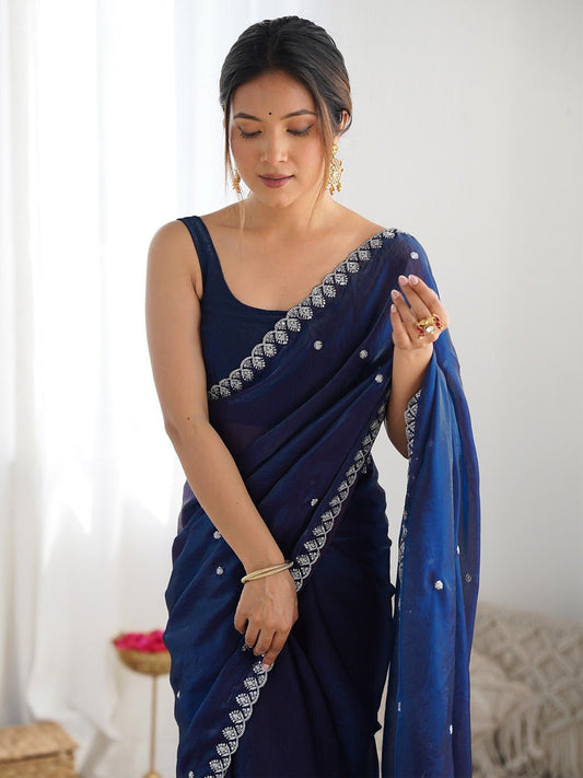 Navy Blue Embroidered Paper Silk Saree - Ressa