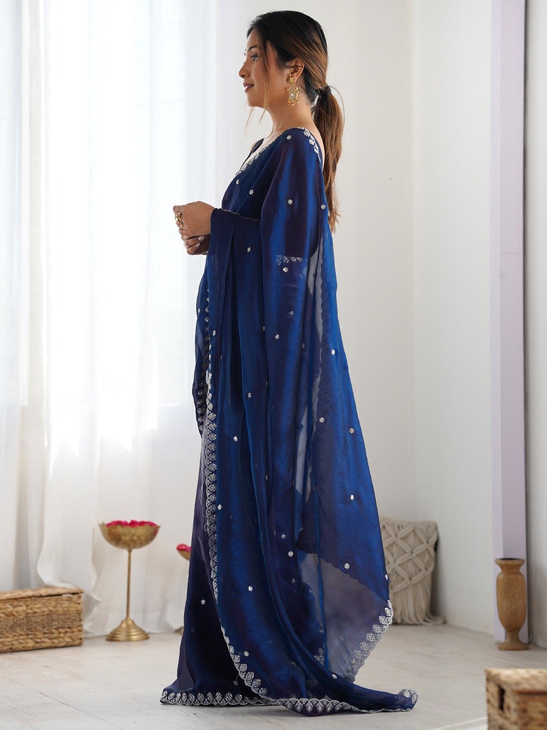 Navy Blue Embroidered Paper Silk Saree - Ressa