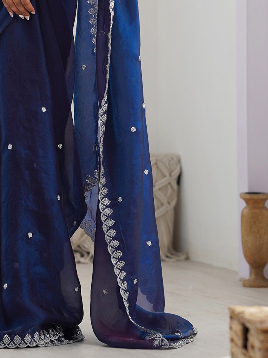 Navy Blue Embroidered Paper Silk Saree - Ressa
