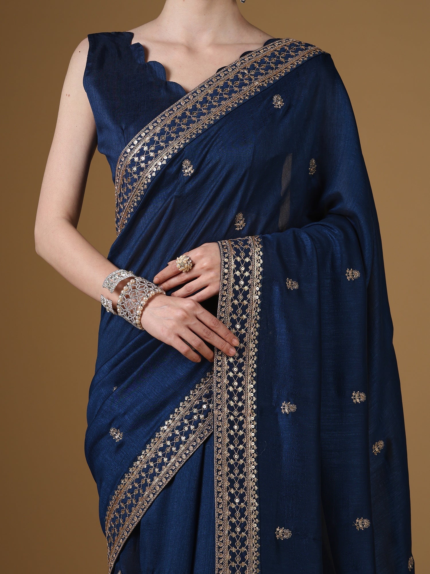 Navy Blue Embroidered Silk Saree with Zari Border | - Ressa