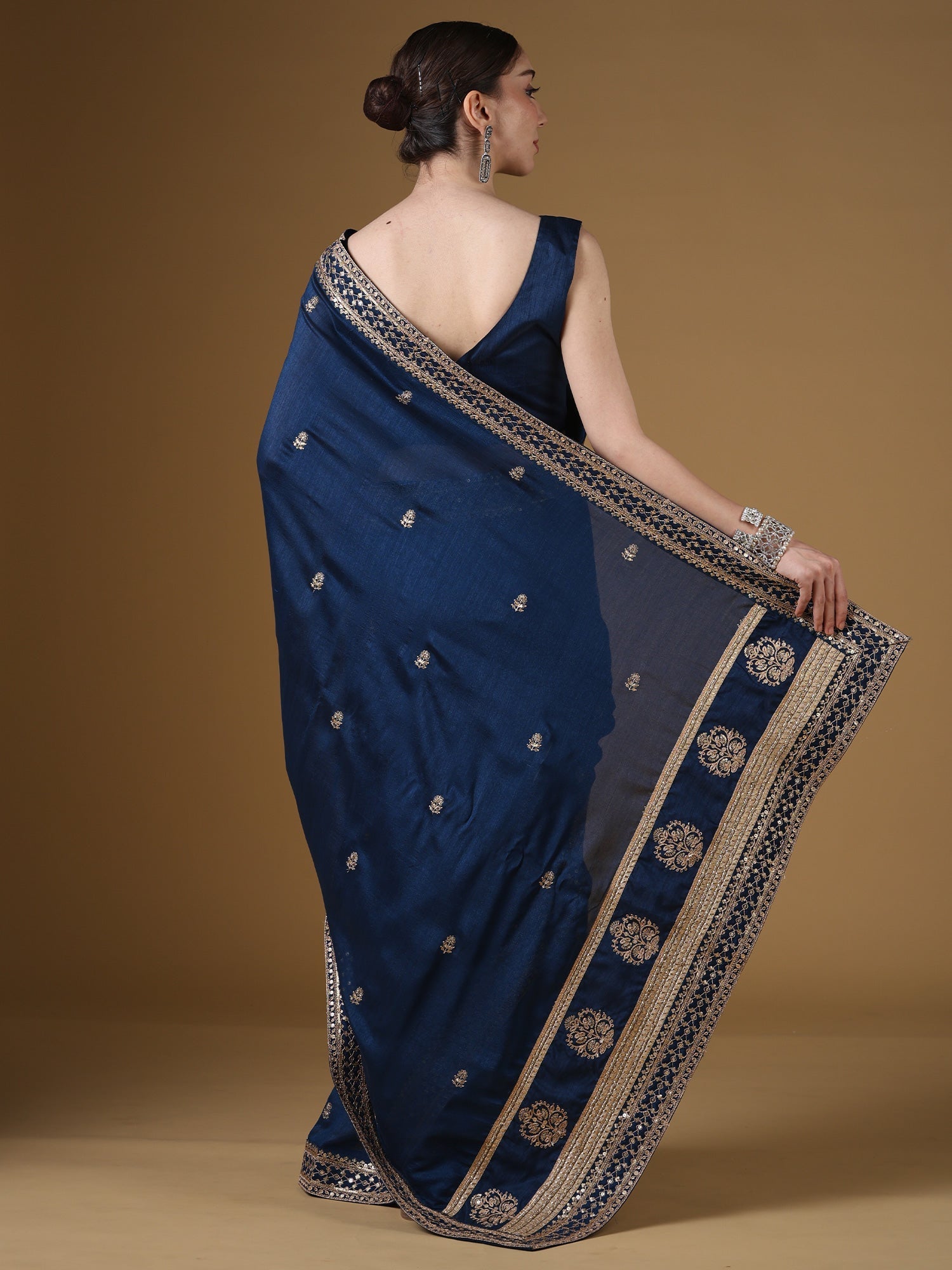 Navy Blue Embroidered Silk Saree with Zari Border | - Ressa