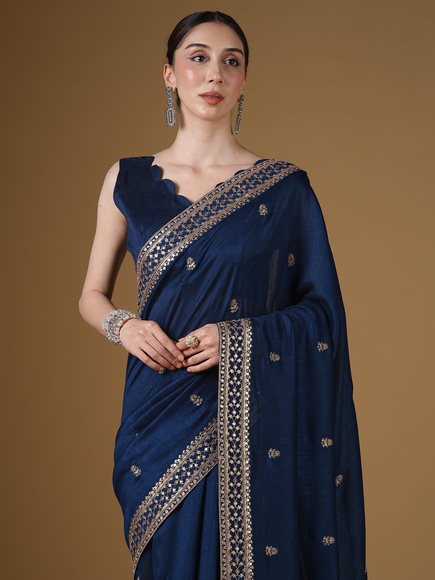 Navy Blue Embroidered Silk Saree with Zari Border | - Ressa