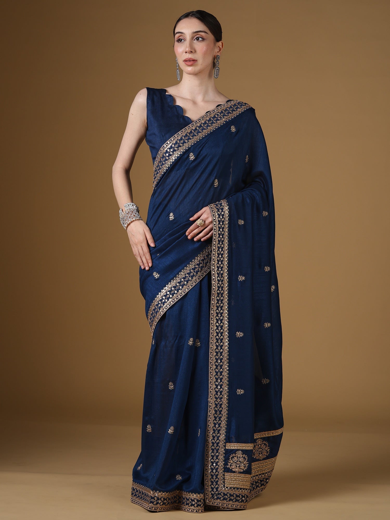 Navy Blue Embroidered Silk Saree with Zari Border | - Ressa