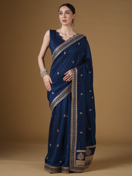 Navy Blue Embroidered Silk Saree with Zari Border | - Ressa