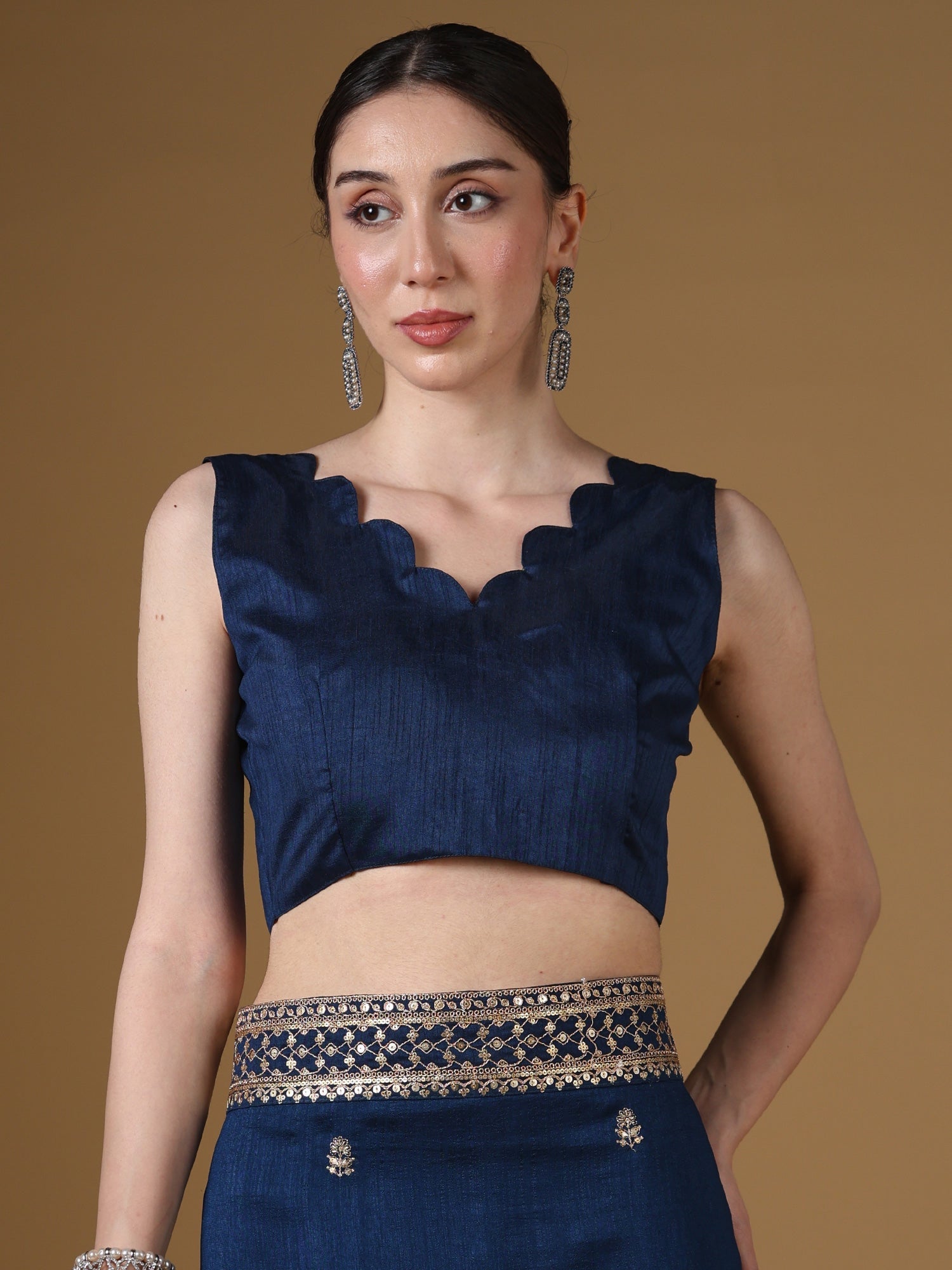 Navy Blue Embroidered Silk Saree with Zari Border | - Ressa