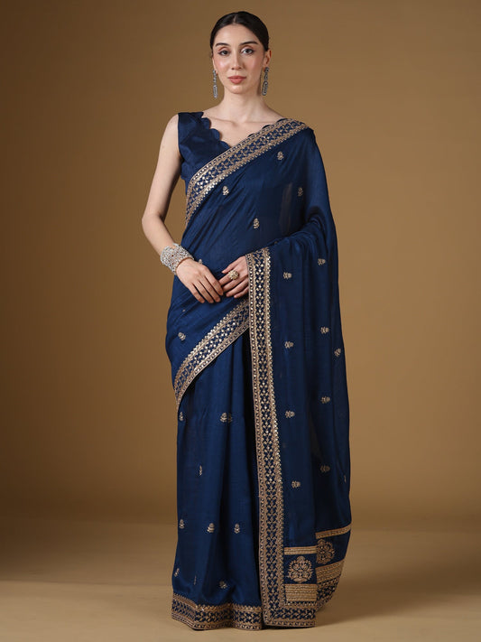 Navy Blue Embroidered Silk Saree with Zari Border | - Ressa