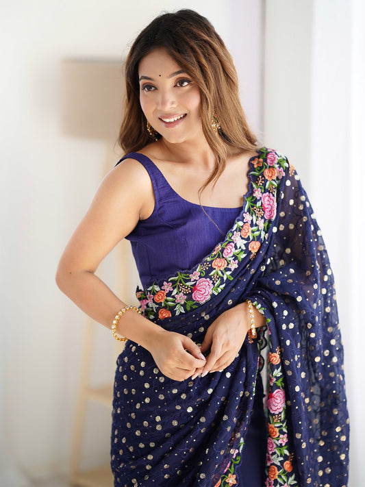 Navy Blue Floral Embroidered Saree - Ressa