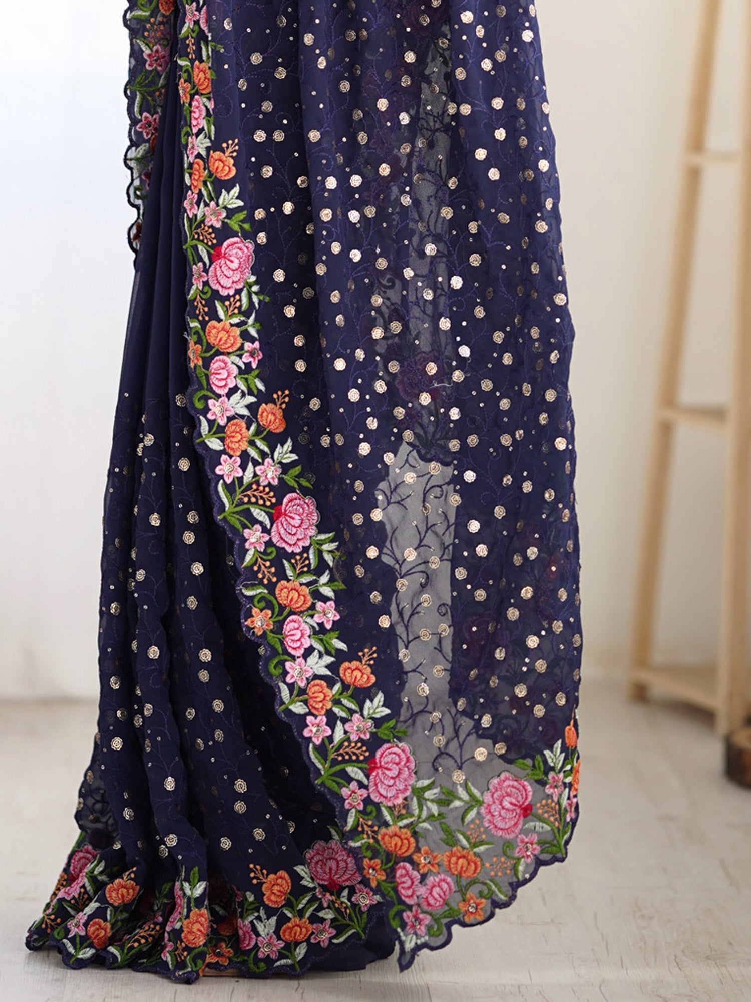 Navy Blue Floral Embroidered Saree - Ressa