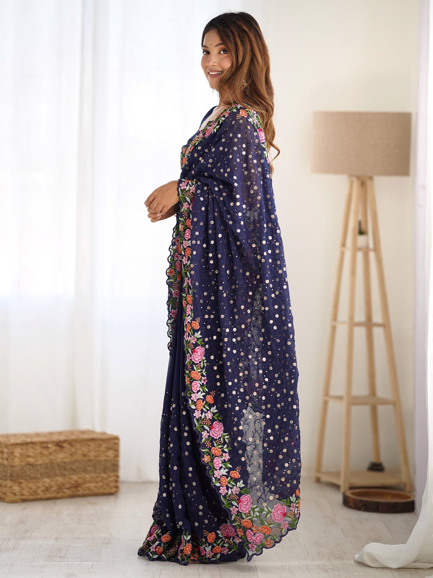 Navy Blue Floral Embroidered Saree - Ressa