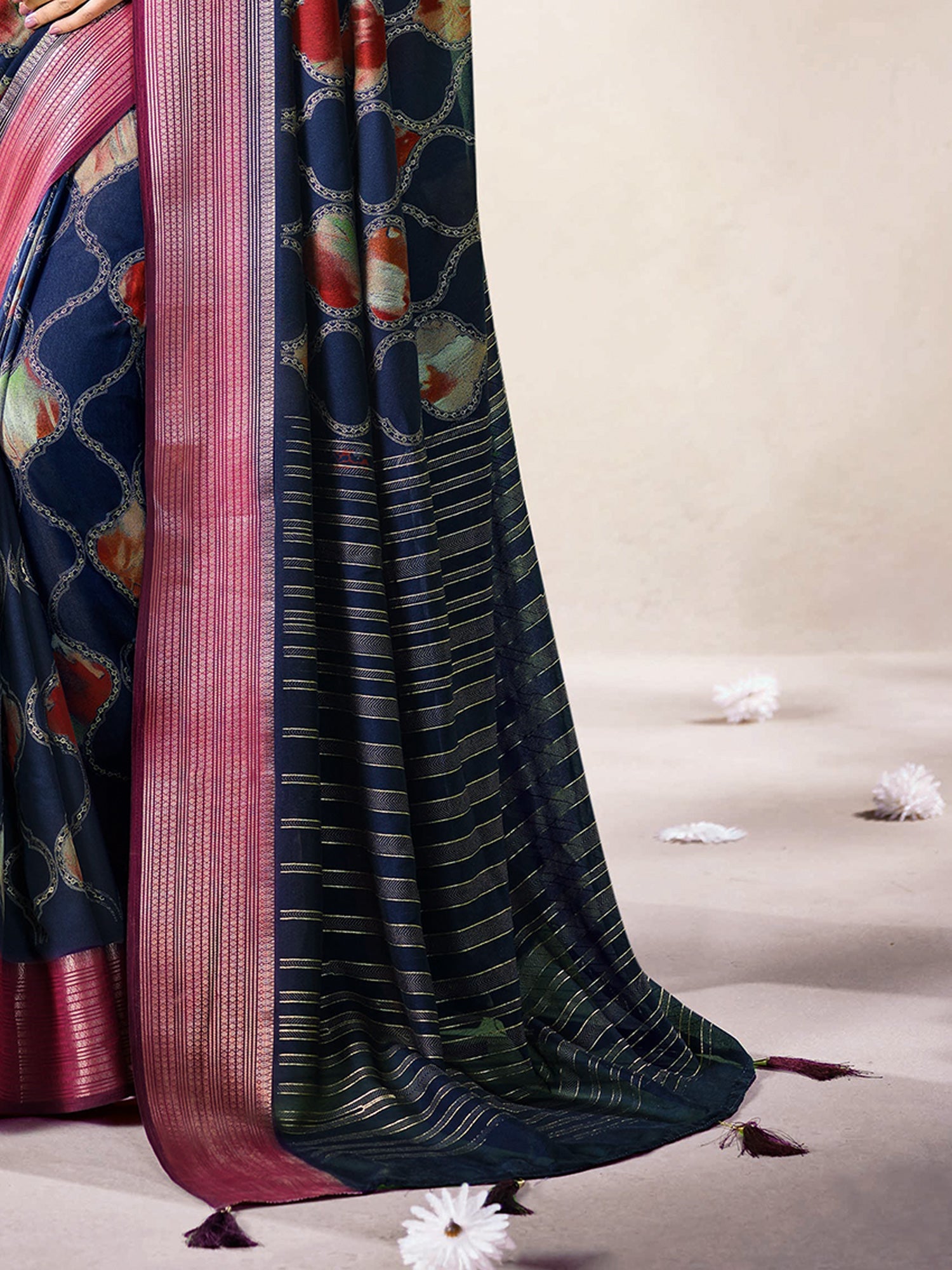 Navy Blue Floral Print Georgette Saree with Pink Zari Border - Ressa