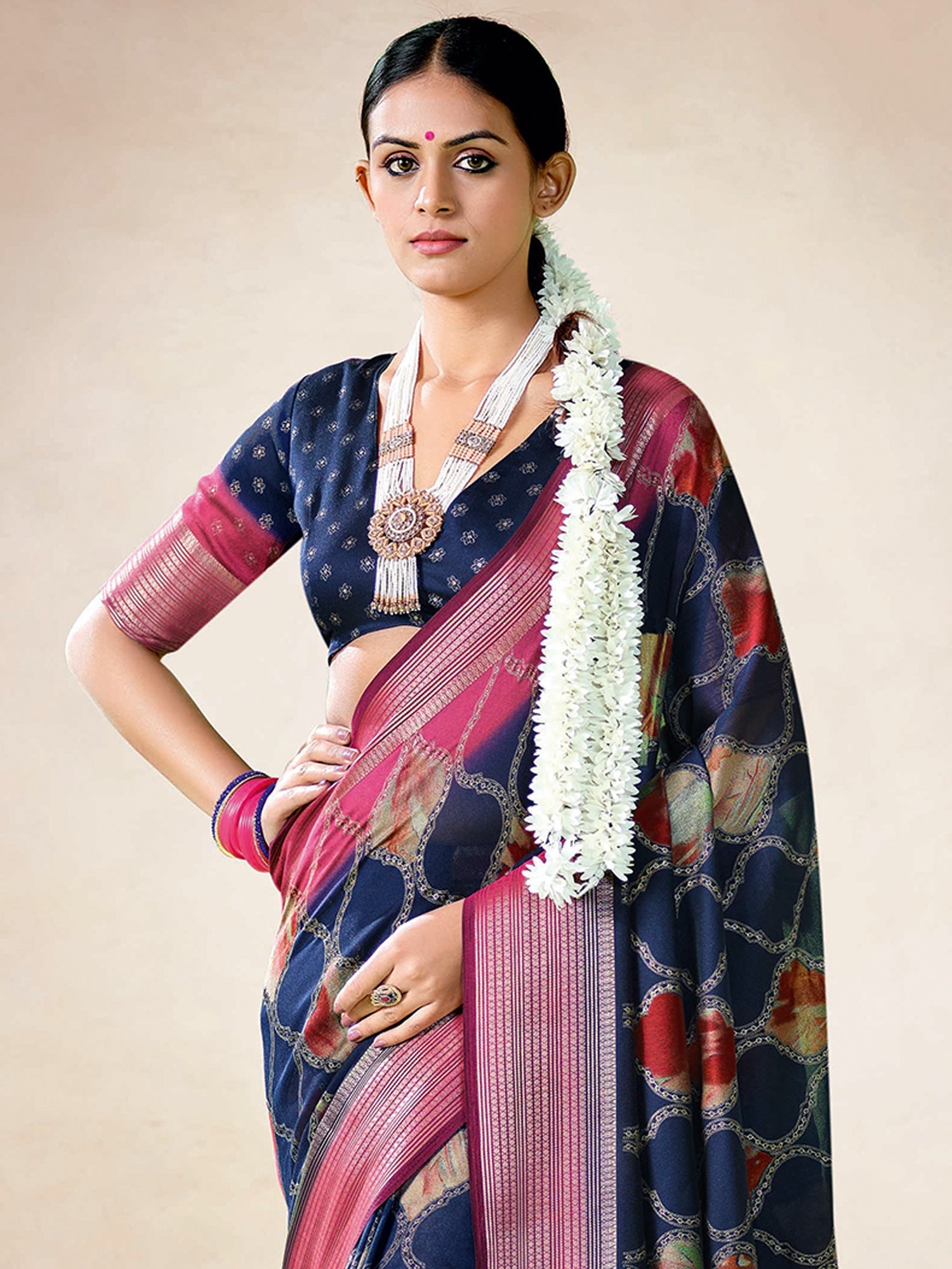 Navy Blue Floral Print Georgette Saree with Pink Zari Border - Ressa