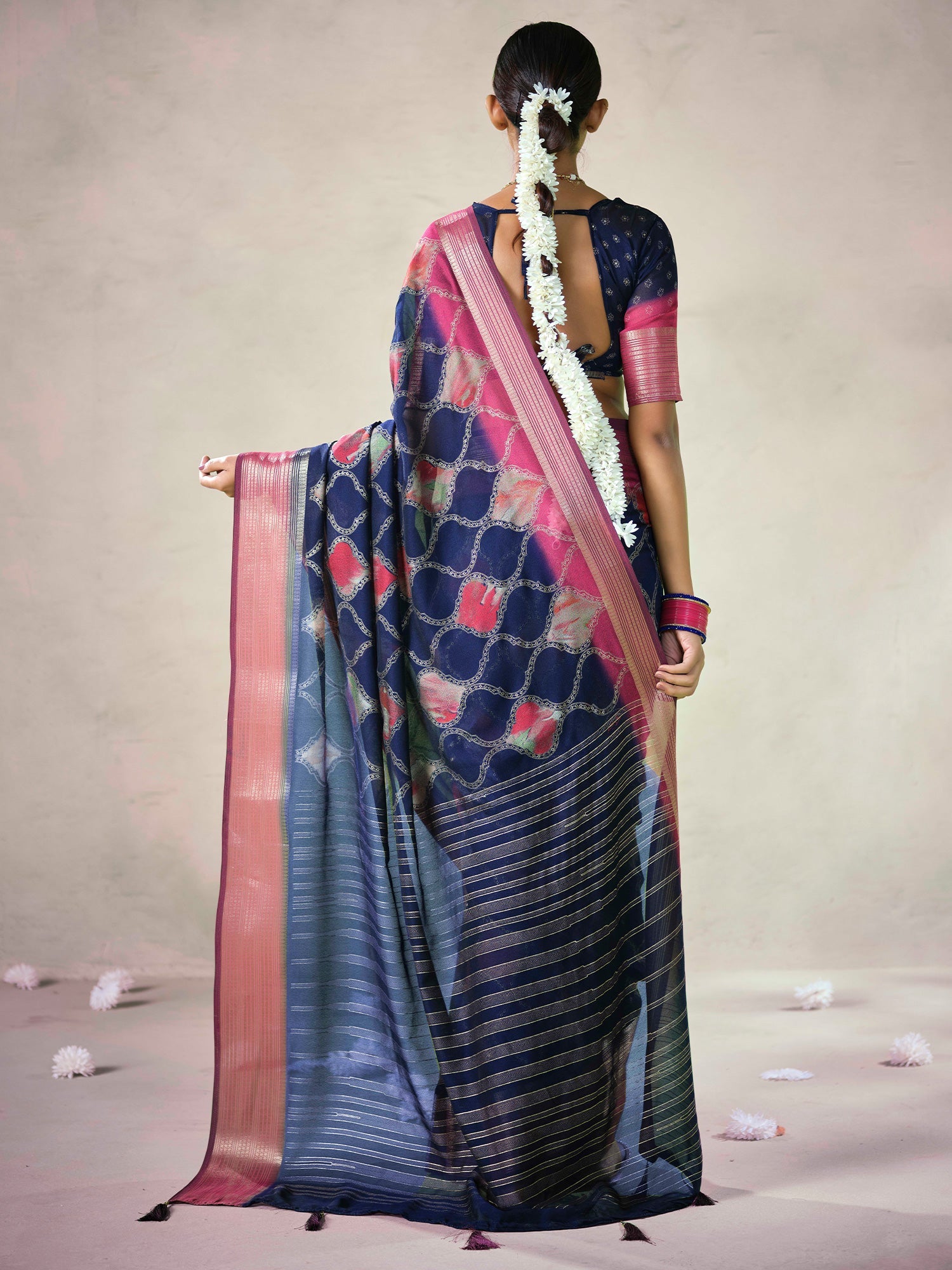 Navy Blue Floral Print Georgette Saree with Pink Zari Border - Ressa