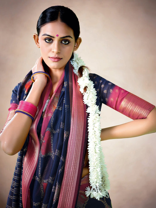 Navy Blue Floral Print Georgette Saree with Pink Zari Border - Ressa