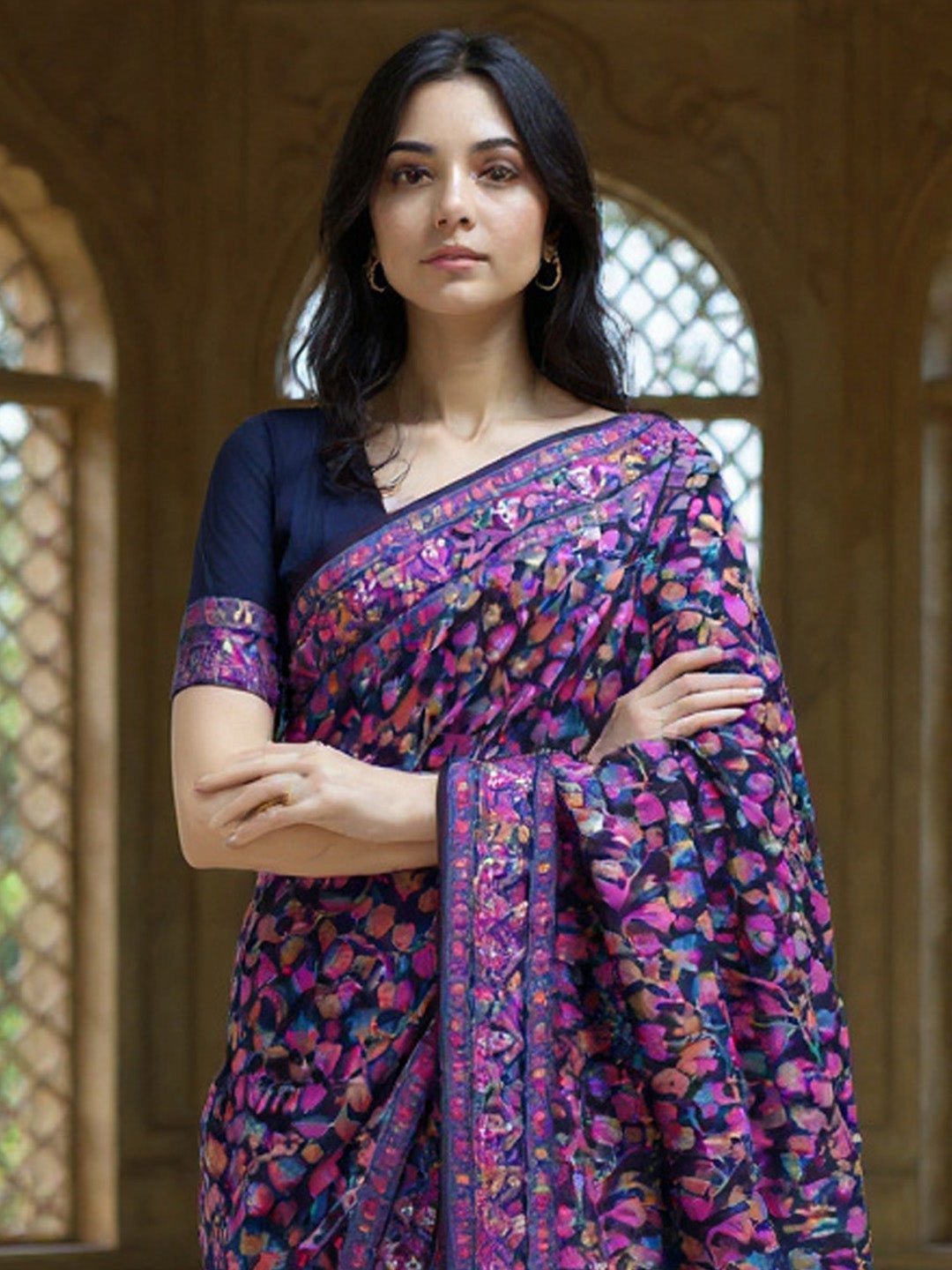 Navy Blue Floral Woven Design Saree - Ressa