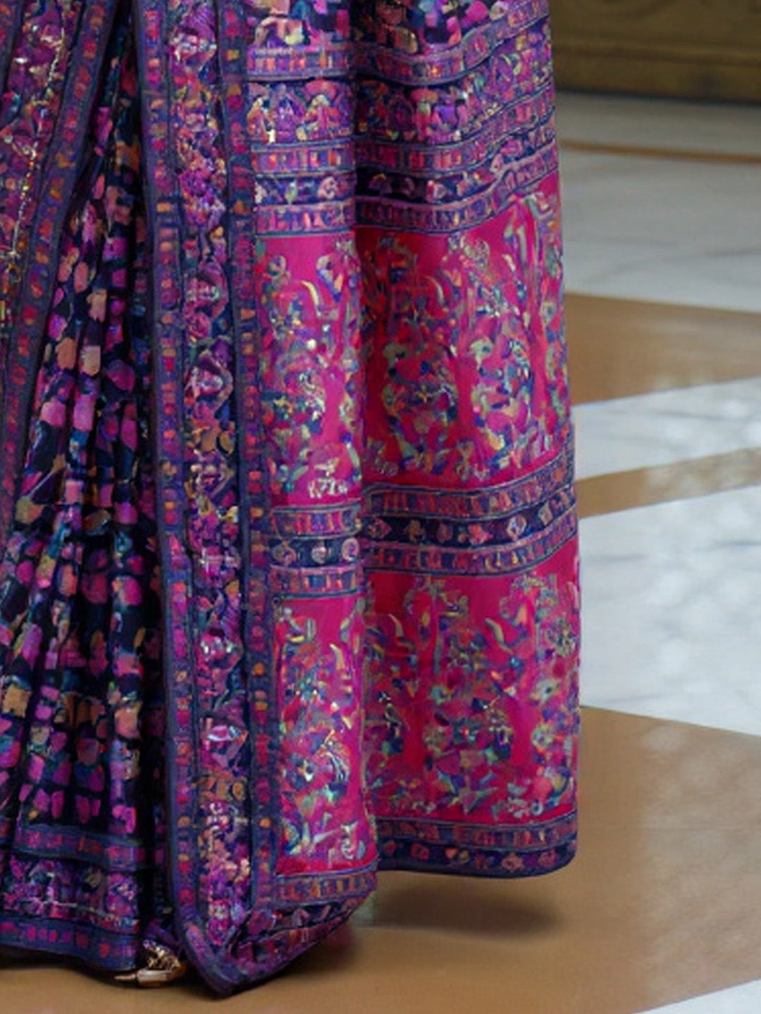 Navy Blue Floral Woven Design Saree - Ressa