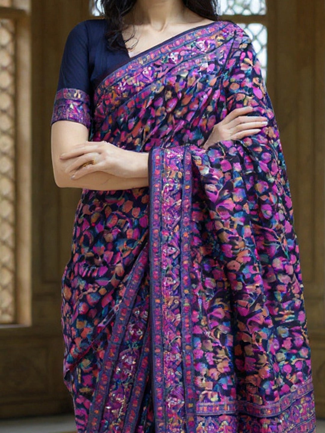 Navy Blue Floral Woven Design Saree - Ressa