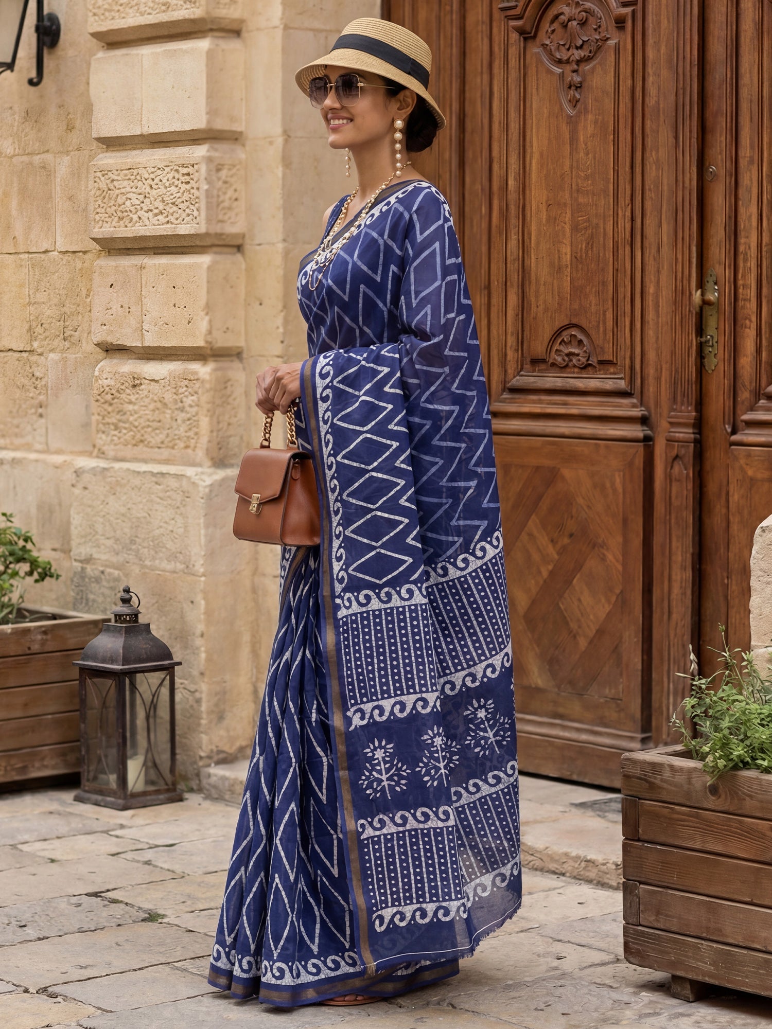 Navy Blue Geometric Print Saree - Ressa