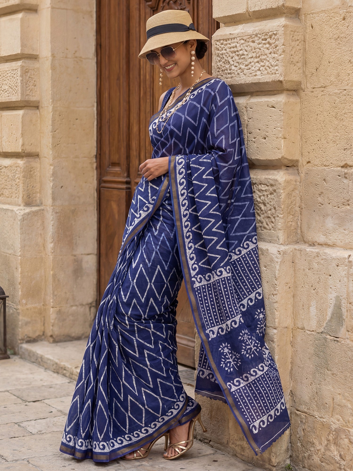Navy Blue Geometric Print Saree - Ressa