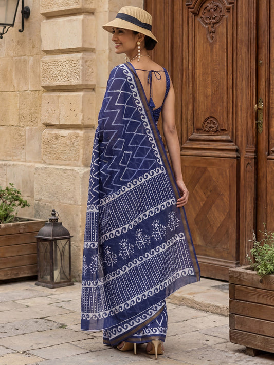 Navy Blue Geometric Print Saree - Ressa