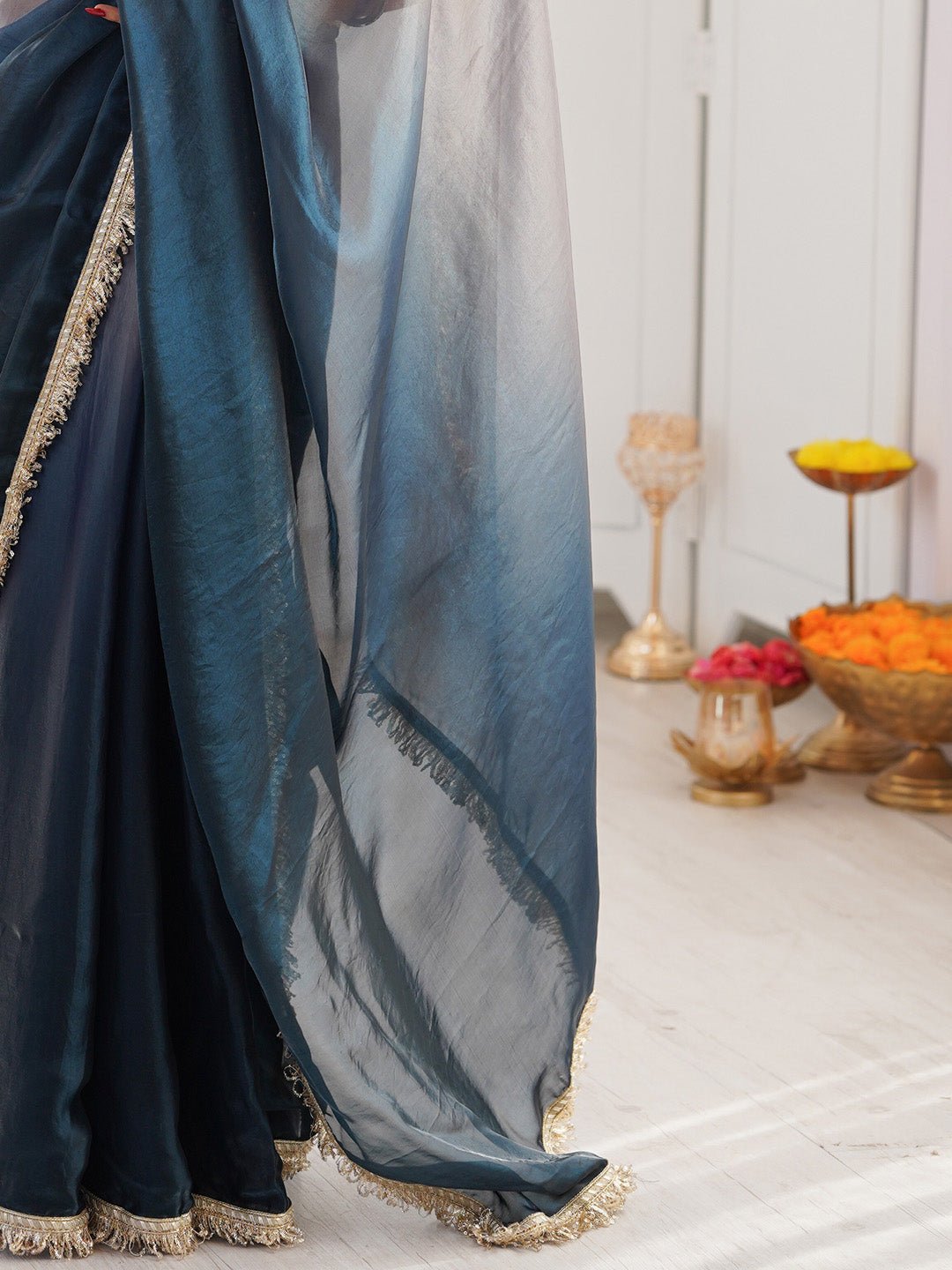 Navy Blue & Grey Shimmer Georgette Shaded Scalloped Border Blouse Saree - Ressa