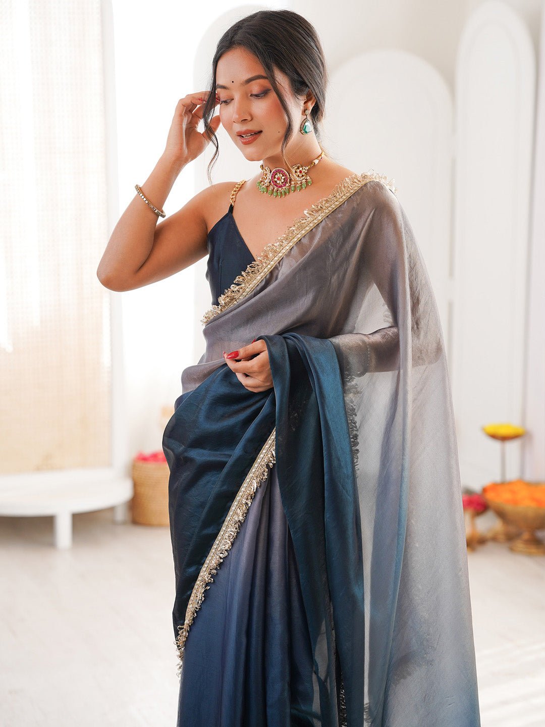 Navy Blue & Grey Shimmer Georgette Shaded Scalloped Border Blouse Saree - Ressa