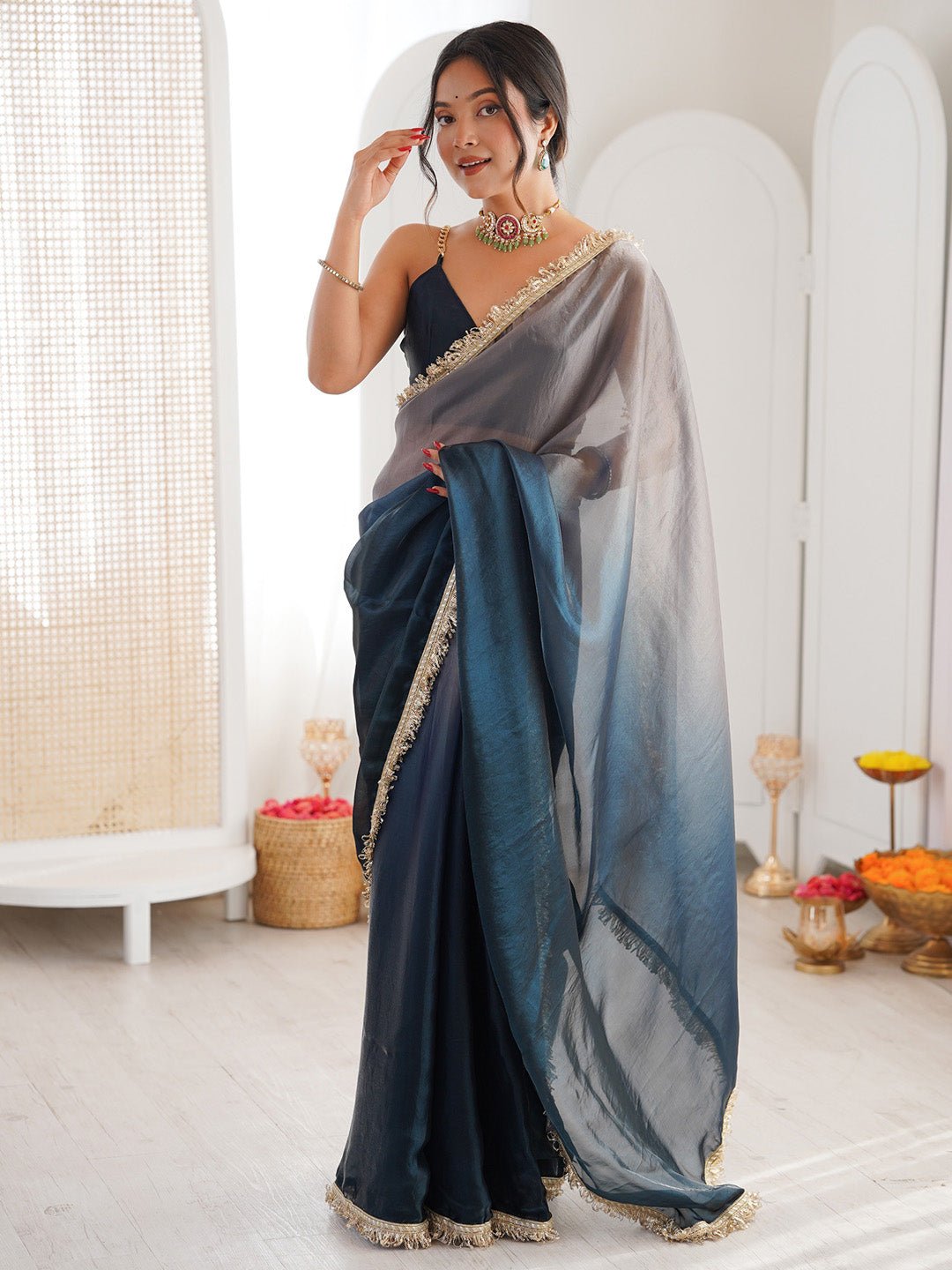 Navy Blue & Grey Shimmer Georgette Shaded Scalloped Border Blouse Saree - Ressa