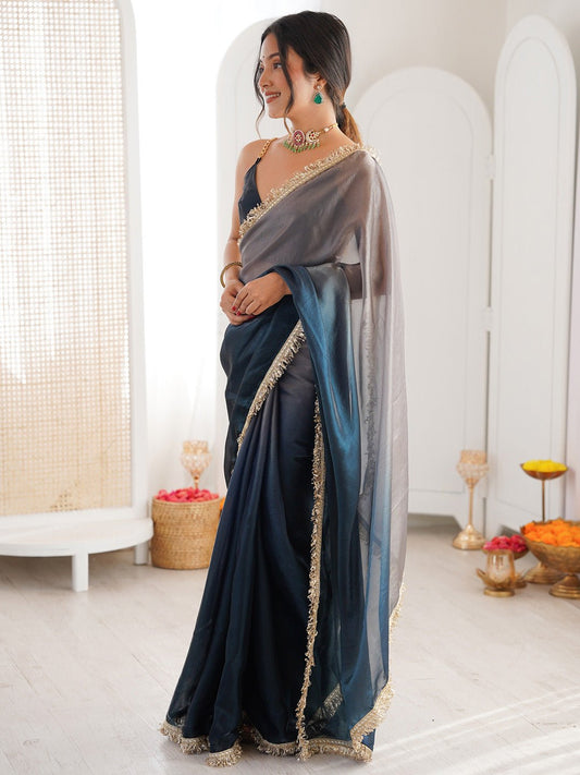Navy Blue & Grey Shimmer Georgette Shaded Scalloped Border Blouse Saree - Ressa