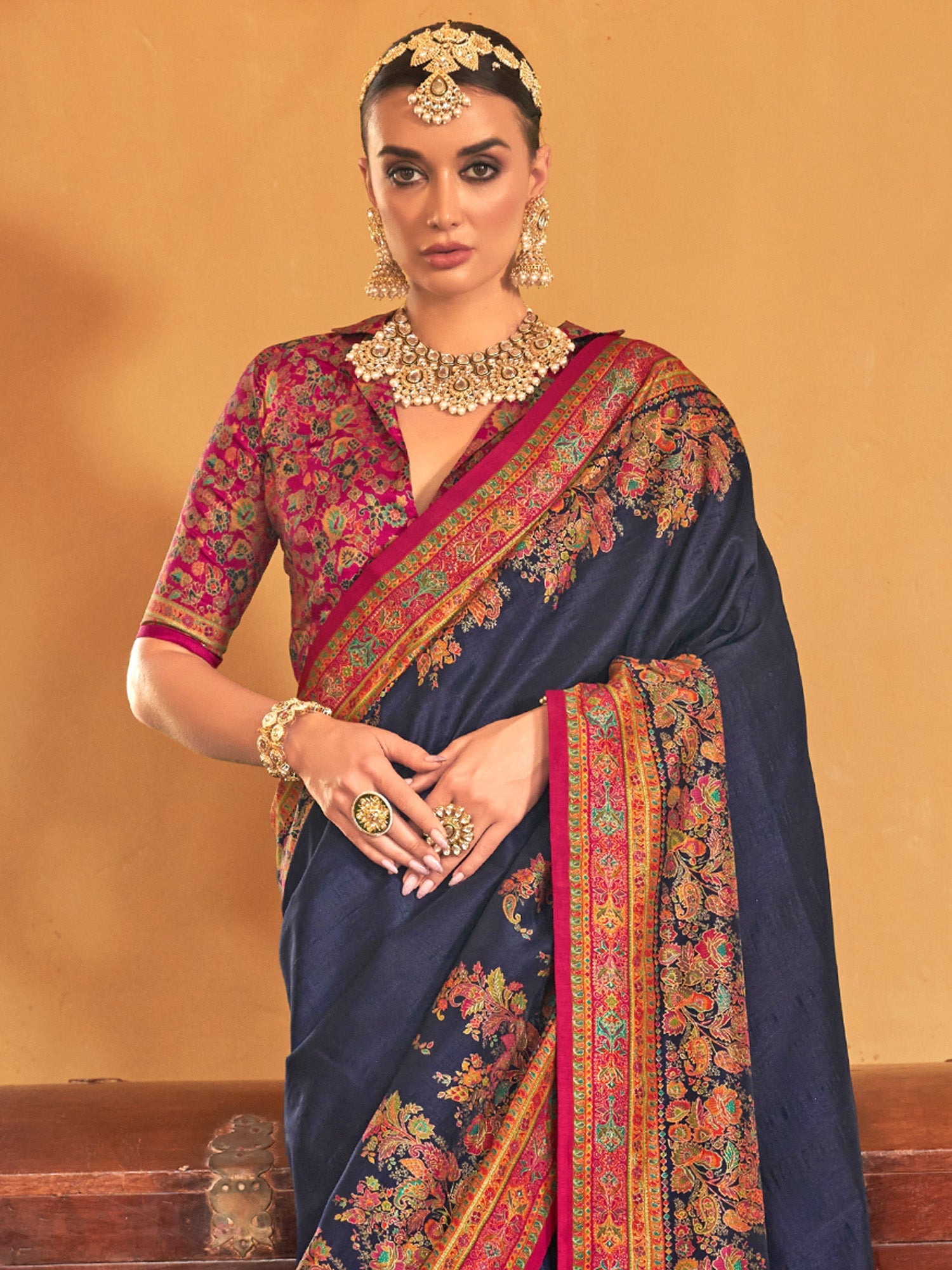 Navy Blue Kashmiri Jamawar Woven Silk Blend Floral Weaving Blouse Saree - Ressa