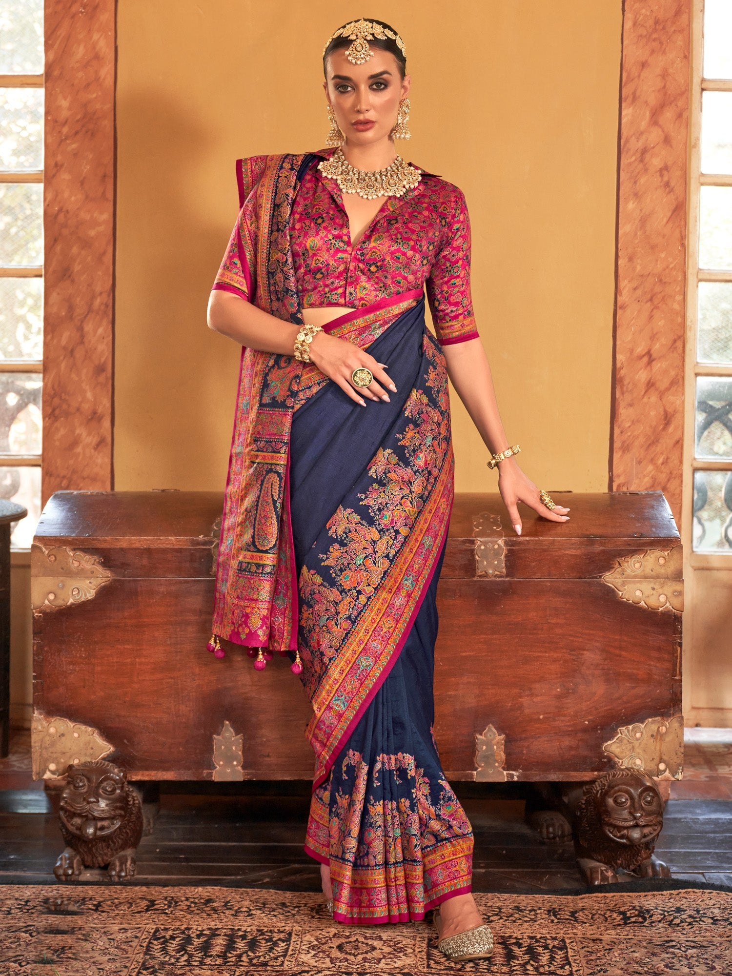 Navy Blue Kashmiri Jamawar Woven Silk Blend Floral Weaving Blouse Saree - Ressa