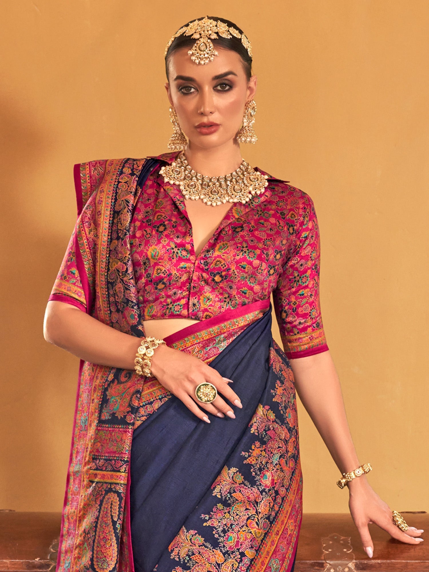 Navy Blue Kashmiri Jamawar Woven Silk Blend Floral Weaving Blouse Saree - Ressa