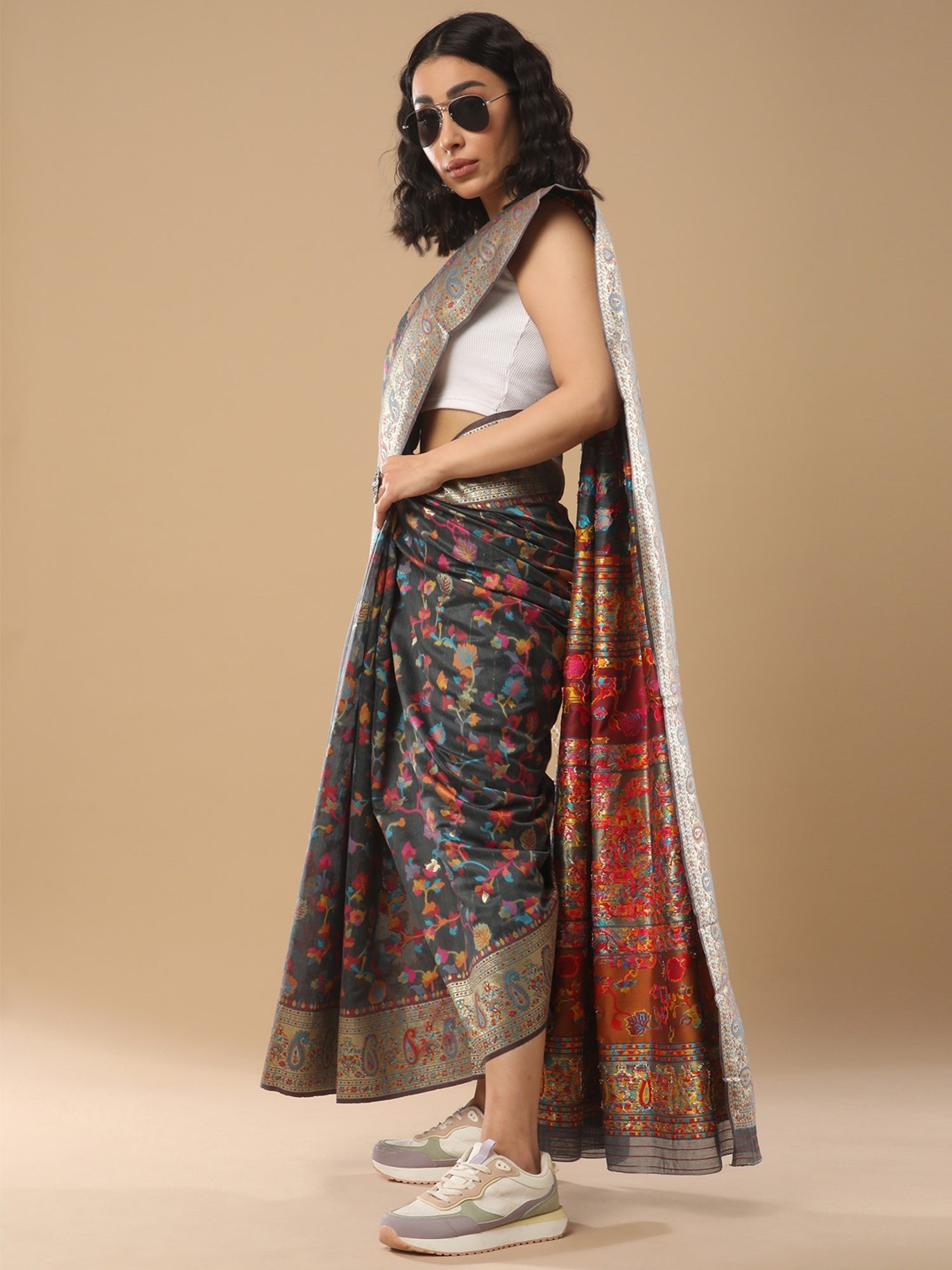 Navy Blue Kashmiri Silk Saree with Flower Motif - Ressa