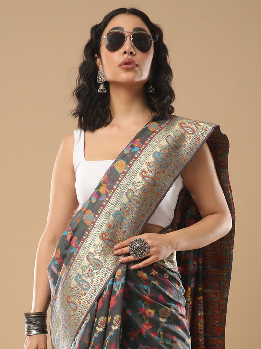 Navy Blue Kashmiri Silk Saree with Flower Motif - Ressa